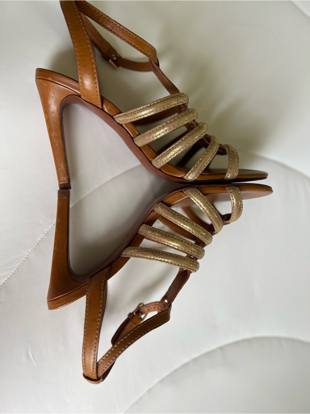 Tory Burch Leather Charlene Women's Tan and Gold Gladiator Heel Sandals size 7.5 - Picture 5 of 9